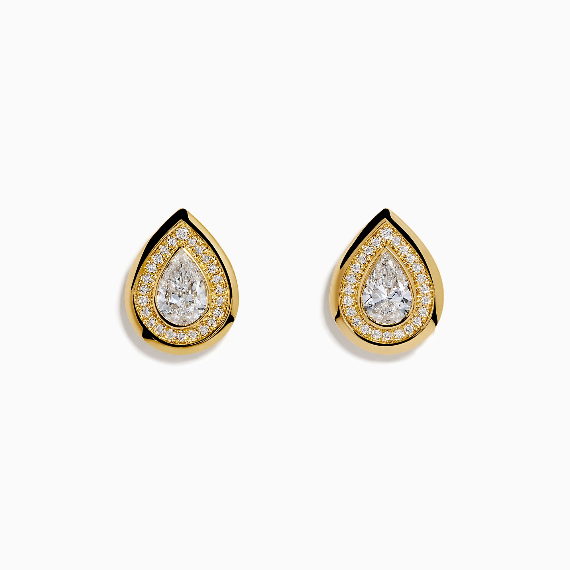 Lab Grown Pear Diamond 1.10ct Halo Stud Earrings in 14K Yellow Gold, featuring teardrop-shaped central pear diamonds surrounded by a halo of small round diamonds, displayed on a white background.