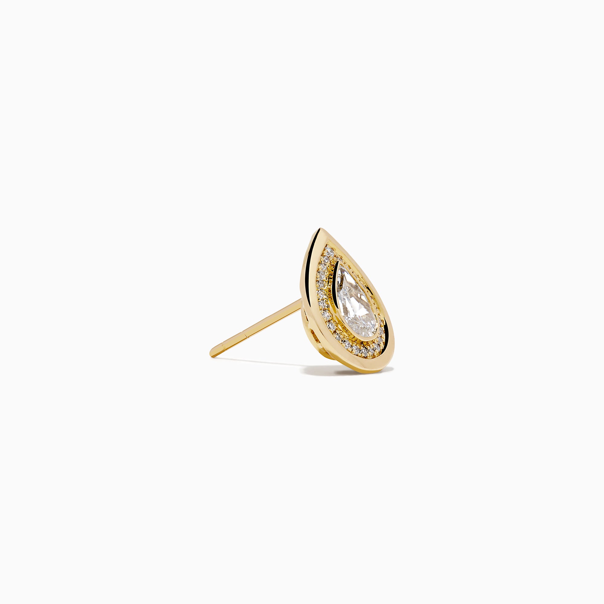 Lab Grown Pear Diamond 1.10ct Halo Stud Earrings in 14K Yellow Gold, featuring teardrop-shaped central pear diamonds surrounded by a halo of small round diamonds, displayed on a white background.