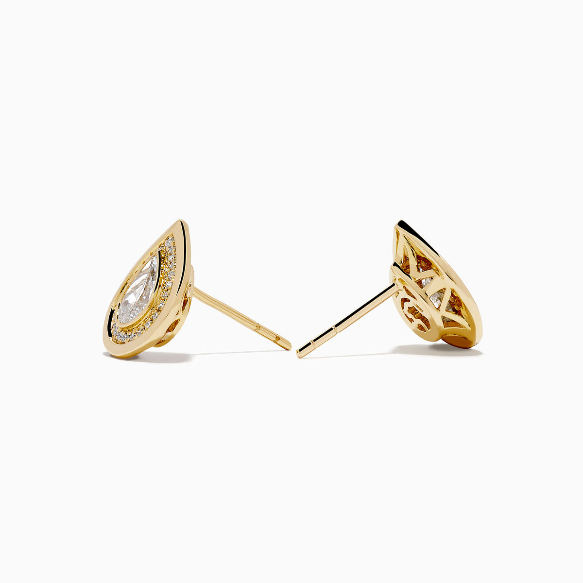 Lab Grown Pear Diamond 1.10ct Halo Stud Earrings in 14K Yellow Gold, featuring teardrop-shaped central pear diamonds surrounded by a halo of small round diamonds, displayed on a white background.