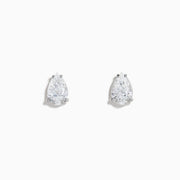 Lab Grown Diamond Pear Shaped 1.96ct Stud Earrings in 14K White Gold gleam with sparkling brilliance, their elegant design standing out against a plain white background.