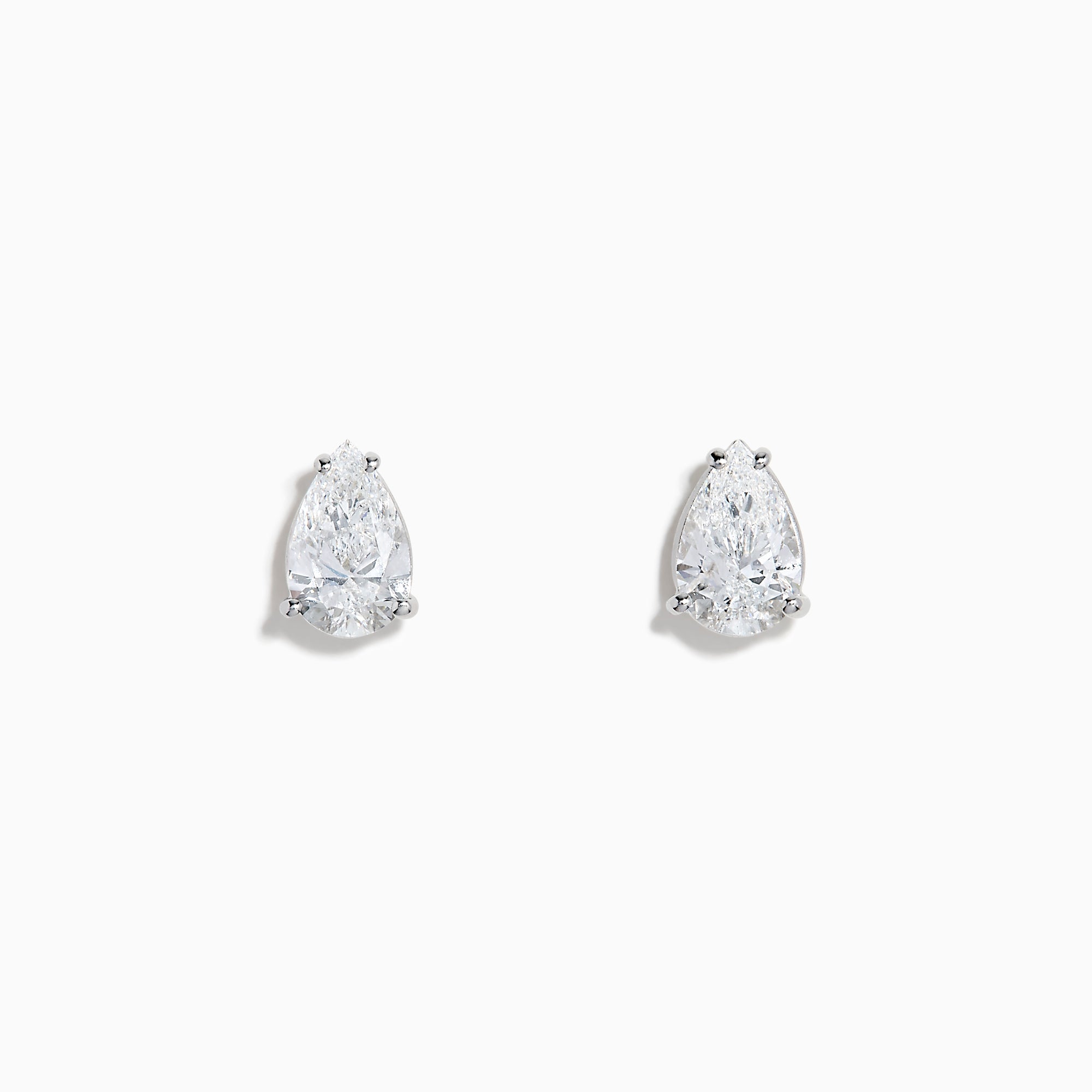 Lab Grown Diamond Pear Shaped 1.96ct Stud Earrings in 14K White Gold gleam with sparkling brilliance, their elegant design standing out against a plain white background.