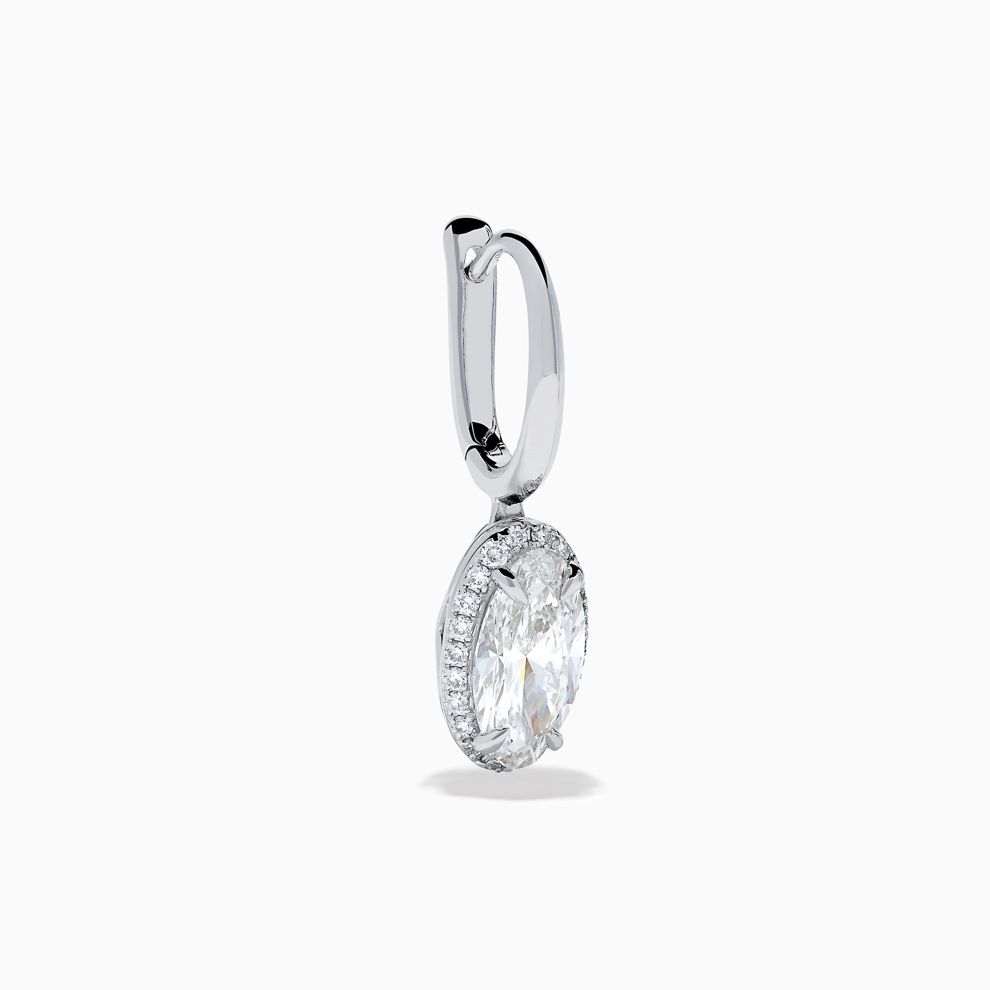 The Lab Grown Diamond Elongated Oval Drop Earrings in 14K White Gold feature clear gemstones surrounded by lab grown diamonds, set in polished white gold with a simple hook design, displayed against a white background.