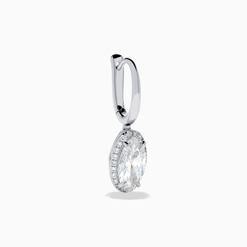 The Lab Grown Diamond Elongated Oval Drop Earrings in 14K White Gold feature clear gemstones surrounded by lab grown diamonds, set in polished white gold with a simple hook design, displayed against a white background.