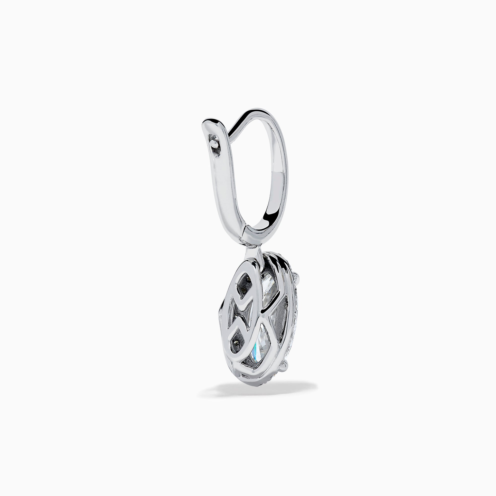The Lab Grown Diamond Elongated Oval Drop Earrings in 14K White Gold feature clear gemstones surrounded by lab grown diamonds, set in polished white gold with a simple hook design, displayed against a white background.