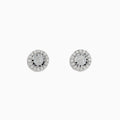 The Pave Classica 14K White Gold Diamond Halo Stud Earrings 0.98 TCW showcase a clear center stone surrounded by a sparkling diamond halo, all set in gleaming white gold and displayed on a plain white background.