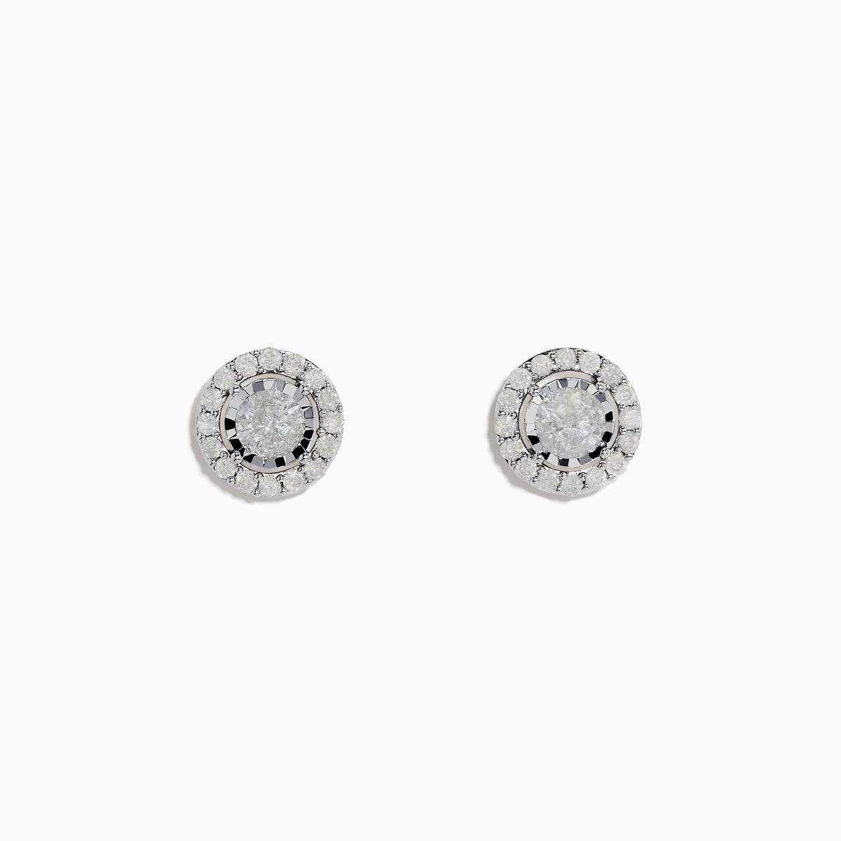 The Pave Classica 14K White Gold Diamond Halo Stud Earrings 0.98 TCW showcase a clear center stone surrounded by a sparkling diamond halo, all set in gleaming white gold and displayed on a plain white background.