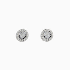 The Pave Classica 14K White Gold Diamond Halo Stud Earrings 0.98 TCW showcase a clear center stone surrounded by a sparkling diamond halo, all set in gleaming white gold and displayed on a plain white background.