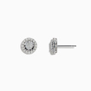 The Pave Classica 14K White Gold Diamond Halo Stud Earrings 0.98 TCW showcase a clear center stone surrounded by a sparkling diamond halo, all set in gleaming white gold and displayed on a plain white background.