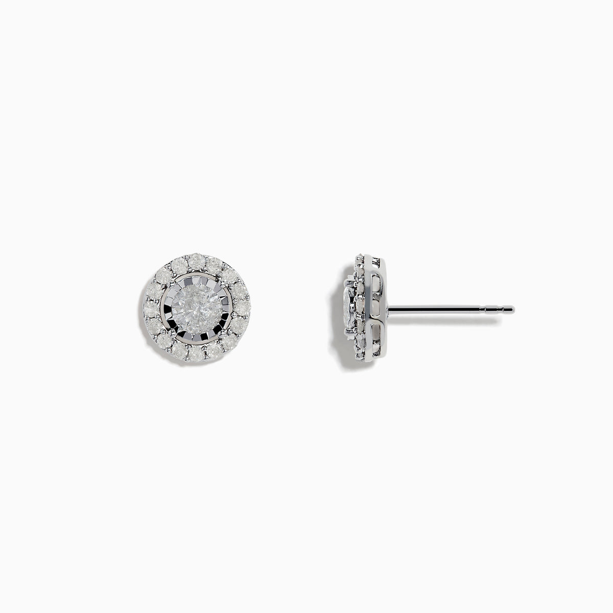 The Pave Classica 14K White Gold Diamond Halo Stud Earrings 0.98 TCW showcase a clear center stone surrounded by a sparkling diamond halo, all set in gleaming white gold and displayed on a plain white background.