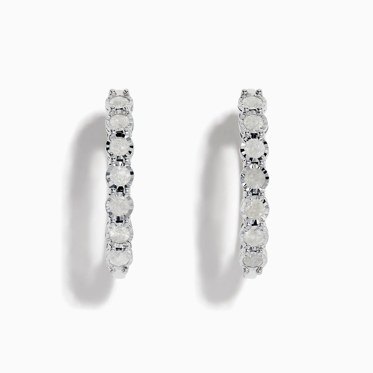 The 925 Silver Diamond Hoop Earrings feature a row of round, white gemstones and are displayed on a plain white background.