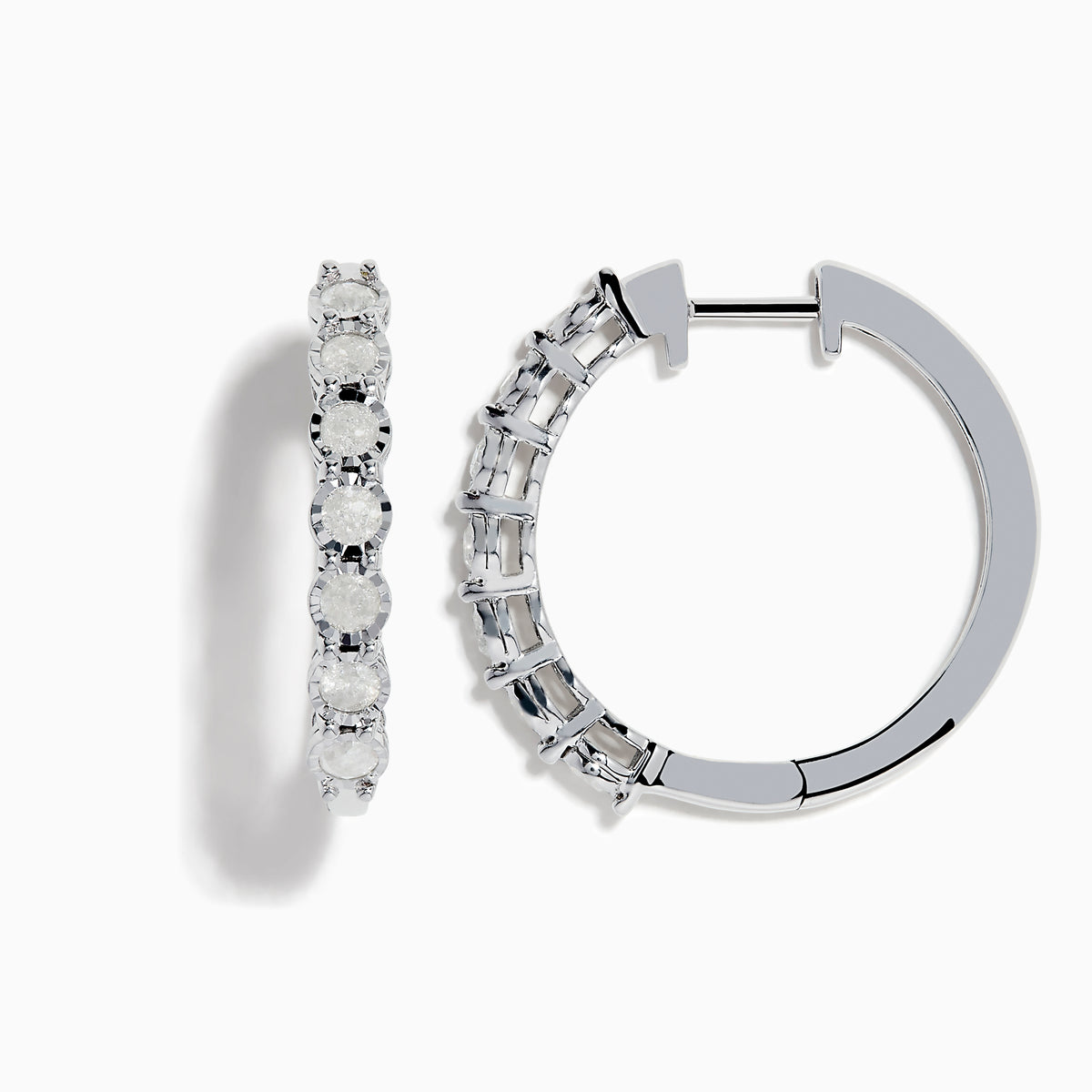 The 925 Silver Diamond Hoop Earrings feature a row of round, white gemstones and are displayed on a plain white background.