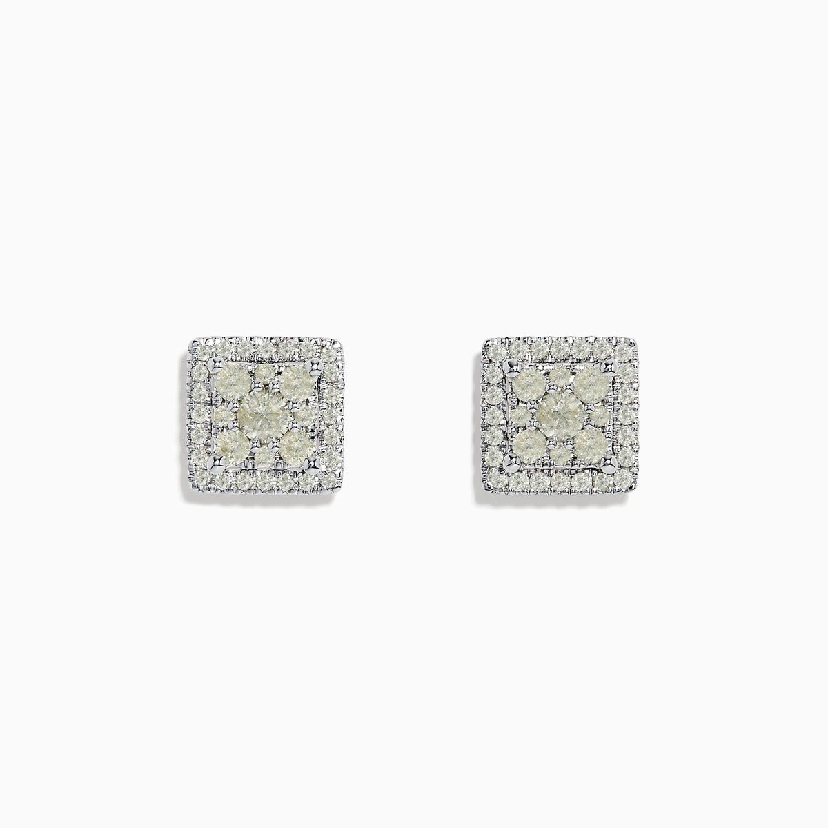 Bouquet 14K White Gold Square Diamond Cluster Stud Earrings, 0.97 TCW, feature a central diamond cluster framed by a double row of diamonds, all set in white gold. Shown against a plain white background.