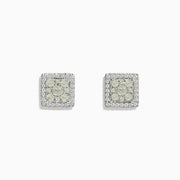 Bouquet 14K White Gold Square Diamond Cluster Stud Earrings, 0.97 TCW, feature a central diamond cluster framed by a double row of diamonds, all set in white gold. Shown against a plain white background.