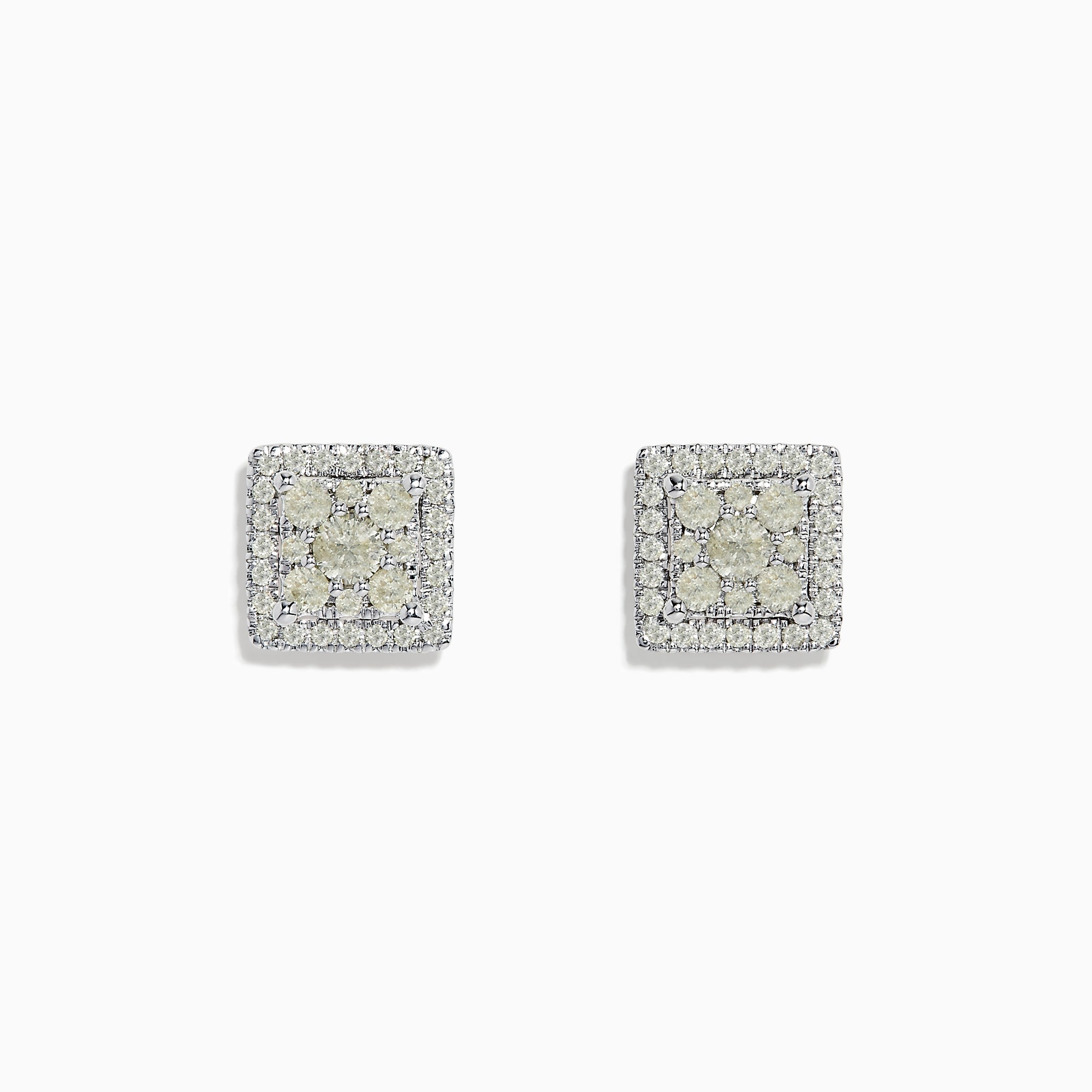 Bouquet 14K White Gold Square Diamond Cluster Stud Earrings, 0.97 TCW, feature a central diamond cluster framed by a double row of diamonds, all set in white gold. Shown against a plain white background.