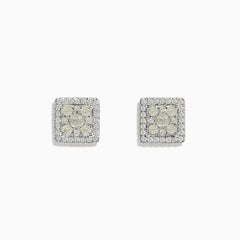 Bouquet 14K White Gold Square Diamond Cluster Stud Earrings, 0.97 TCW, feature a central diamond cluster framed by a double row of diamonds, all set in white gold. Shown against a plain white background.