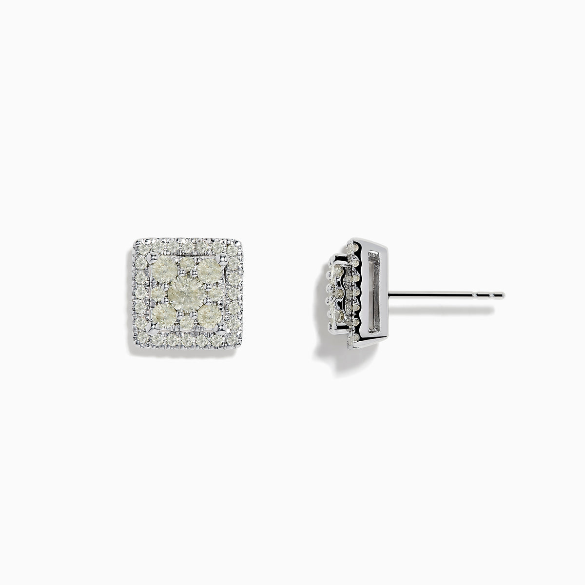 Bouquet 14K White Gold Square Diamond Cluster Stud Earrings, 0.97 TCW, feature a central diamond cluster framed by a double row of diamonds, all set in white gold. Shown against a plain white background.