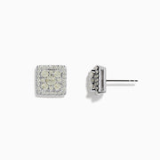 Bouquet 14K White Gold Square Diamond Cluster Stud Earrings, 0.97 TCW, feature a central diamond cluster framed by a double row of diamonds, all set in white gold. Shown against a plain white background.