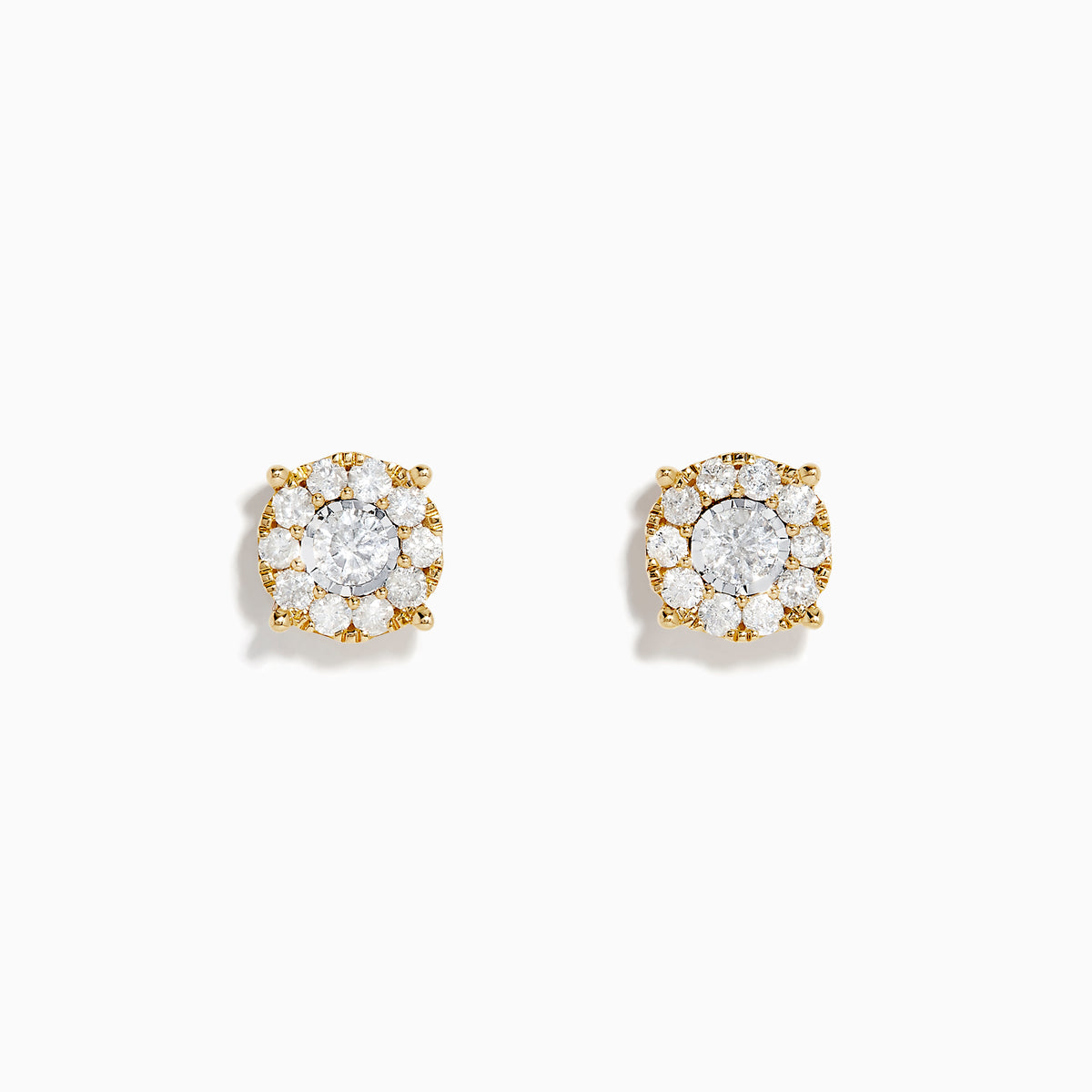 A pair of 14K Two-Tone Gold Diamond Cluster Stud Earrings (0.96 TCW) with a central diamond encircled by smaller diamonds in a floral design, displayed on a white background.