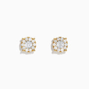 A pair of 14K Two-Tone Gold Diamond Cluster Stud Earrings (0.96 TCW) with a central diamond encircled by smaller diamonds in a floral design, displayed on a white background.
