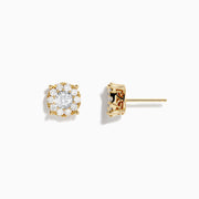 A pair of 14K Two-Tone Gold Diamond Cluster Stud Earrings (0.96 TCW) with a central diamond encircled by smaller diamonds in a floral design, displayed on a white background.