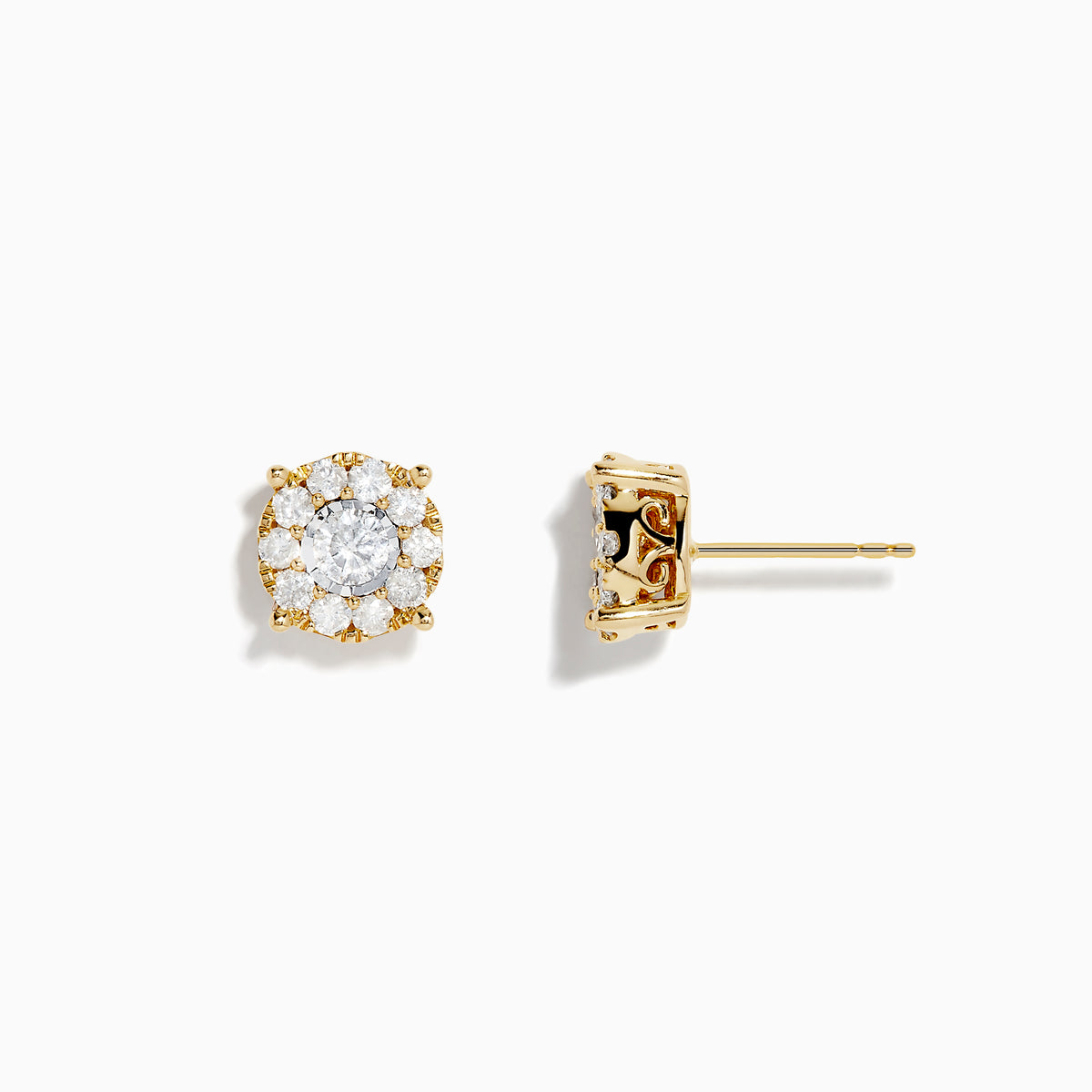 A pair of 14K Two-Tone Gold Diamond Cluster Stud Earrings (0.96 TCW) with a central diamond encircled by smaller diamonds in a floral design, displayed on a white background.