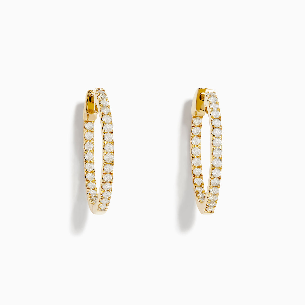 The 14K Yellow Gold 3/4 Diamond Hoop Earrings (0.74 TCW) are shown against a white background—one from the side, one from the front—to showcase their sparkling white diamonds and dazzling brilliance.
