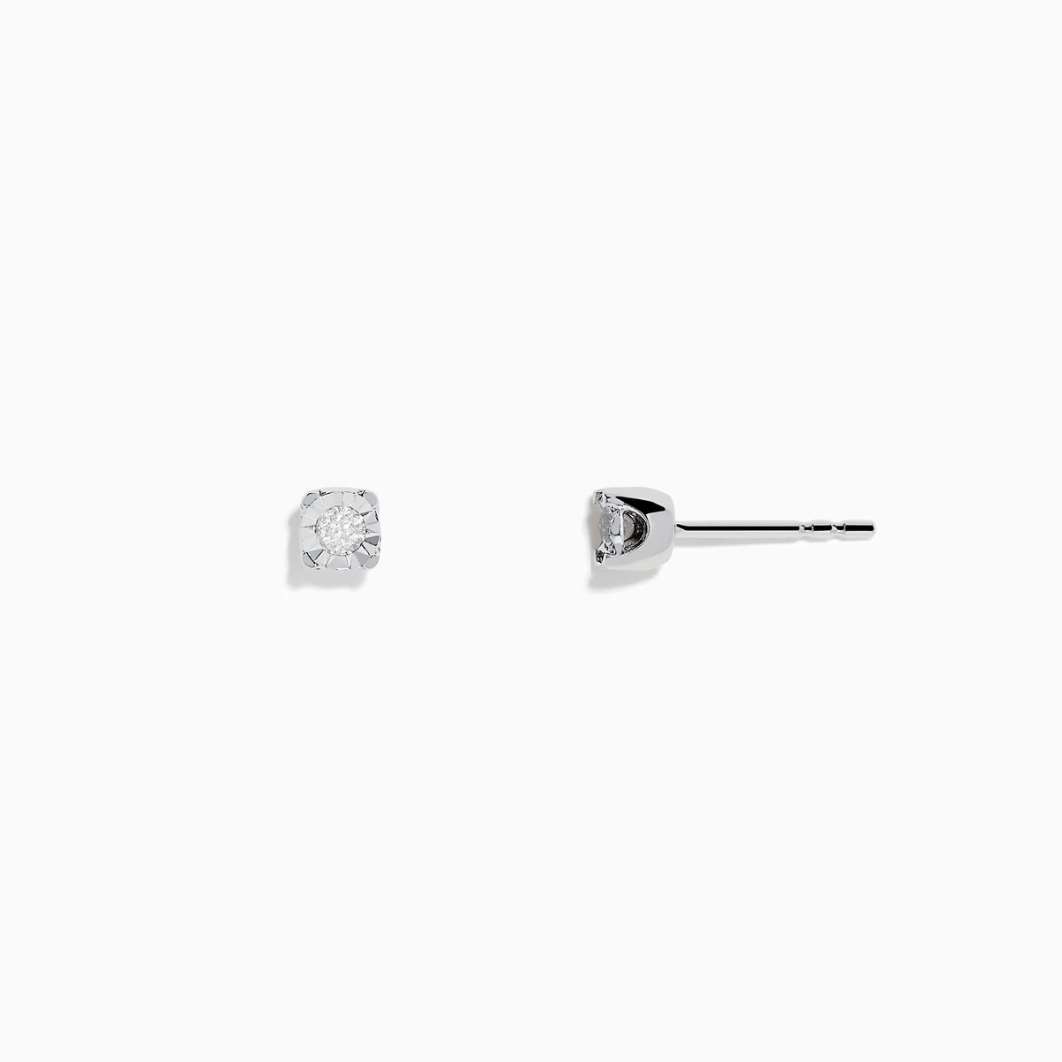 A pair of 14K White Gold Diamond Solitaire Stud Earrings (0.10 TCW) featuring small, round diamonds in a minimalistic setting, displayed against a plain white background.