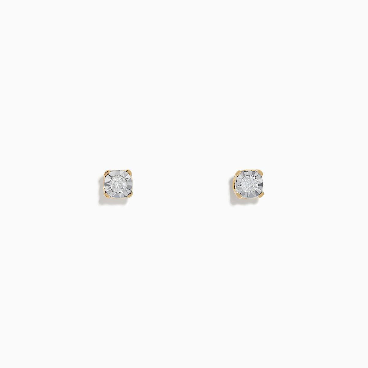 A pair of 14K two tone white & yellow gold diamond solitaire stud earrings, 0.10 TCW, shown on a plain white background.