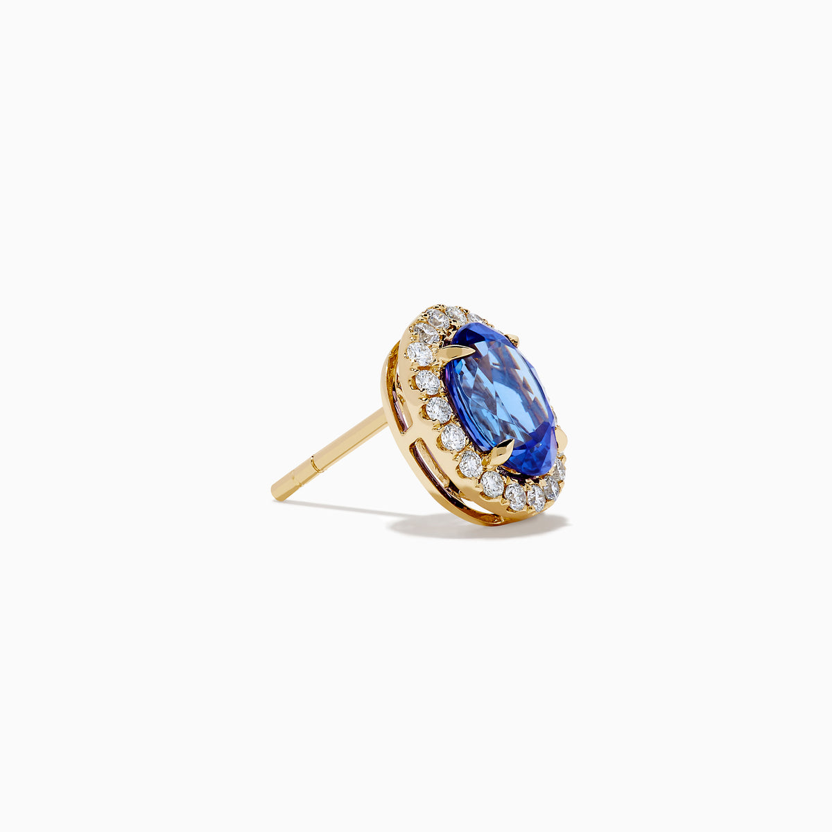 The Nahla 14K Yellow Gold Tanzanite and Diamond Stud Earrings feature oval blue tanzanites each encircled by a halo of diamonds, beautifully displayed on a white background.