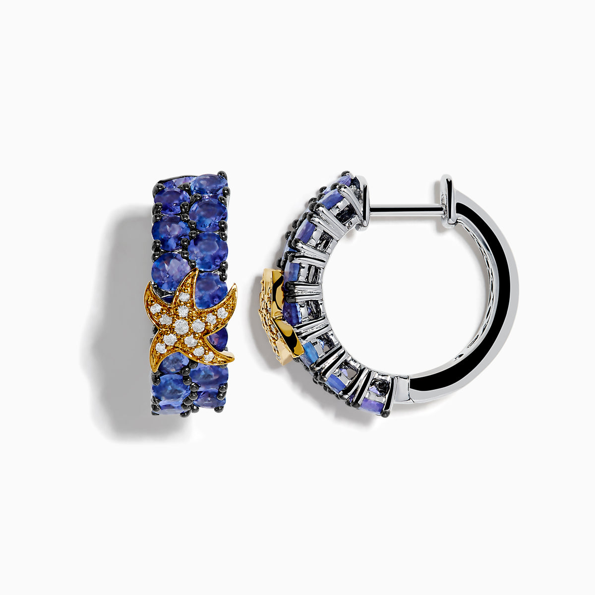Nahla Siri 925 Silver & 18KY Tanzanite and Diamond Starfish Earrings feature starfish-shaped accents with sparkling diamonds and vivid tanzanite on each hoop, displayed against a plain white background.