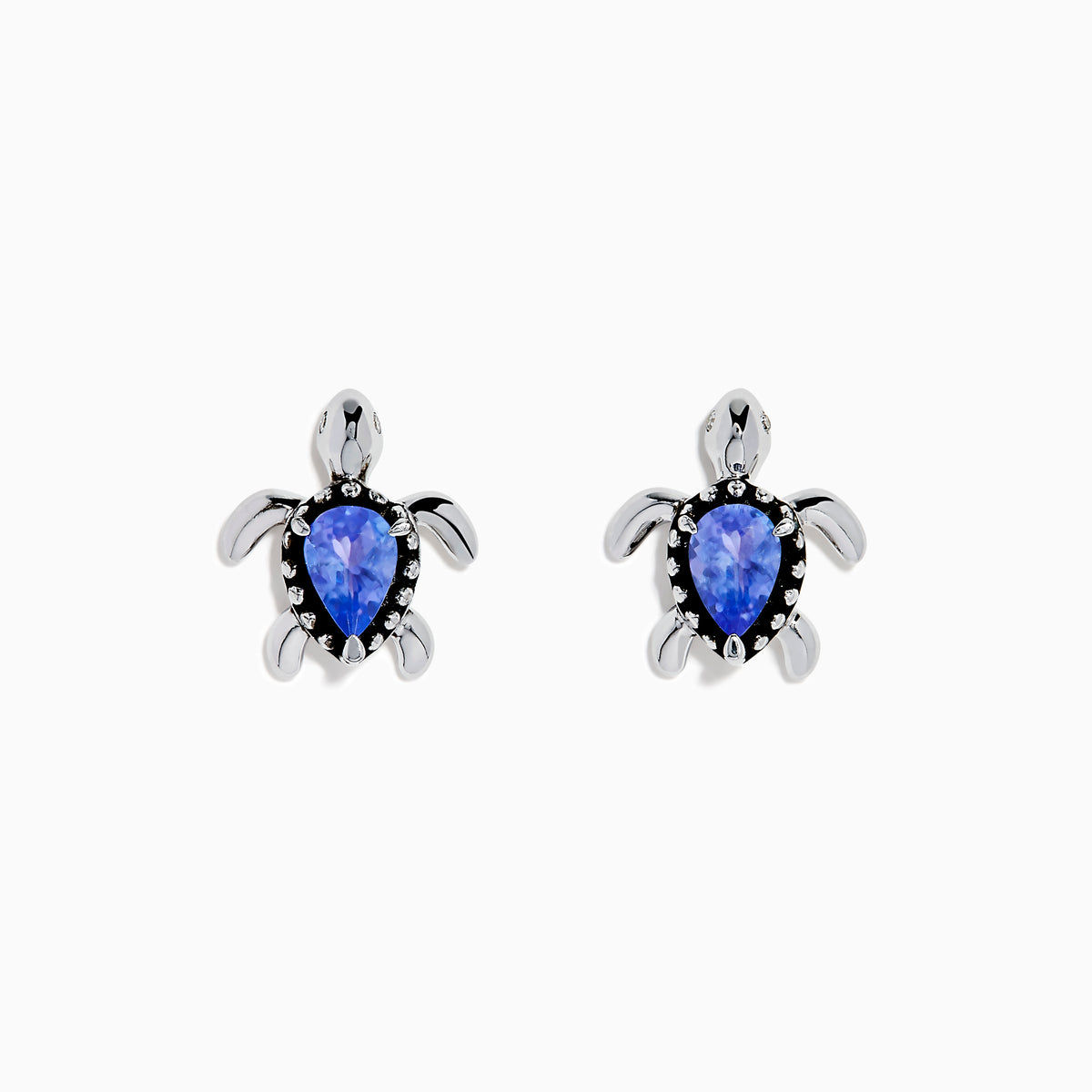 A pair of 925 Silver Tanzanite and Diamond Turtle Stud Earrings, featuring turtle shapes with blue tanzanite centers, displayed on a white background.