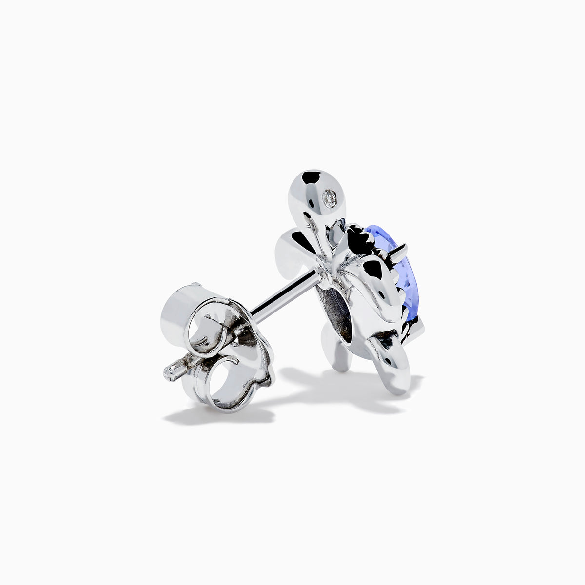 A pair of 925 Silver Tanzanite and Diamond Turtle Stud Earrings, featuring turtle shapes with blue tanzanite centers, displayed on a white background.