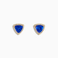The Nahla Siri Effy 14K Yellow Gold Tanzanite and Diamond Earrings feature triangular blue tanzanite gems bordered by diamonds, set in yellow gold and shown on a white background.