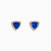 The Nahla Siri Effy 14K Yellow Gold Tanzanite and Diamond Earrings feature triangular blue tanzanite gems bordered by diamonds, set in yellow gold and shown on a white background.