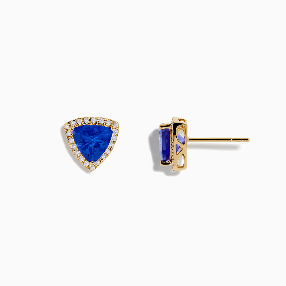The Nahla Siri Effy 14K Yellow Gold Tanzanite and Diamond Earrings feature triangular blue tanzanite gems bordered by diamonds, set in yellow gold and shown on a white background.