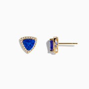 The Nahla Siri Effy 14K Yellow Gold Tanzanite and Diamond Earrings feature triangular blue tanzanite gems bordered by diamonds, set in yellow gold and shown on a white background.