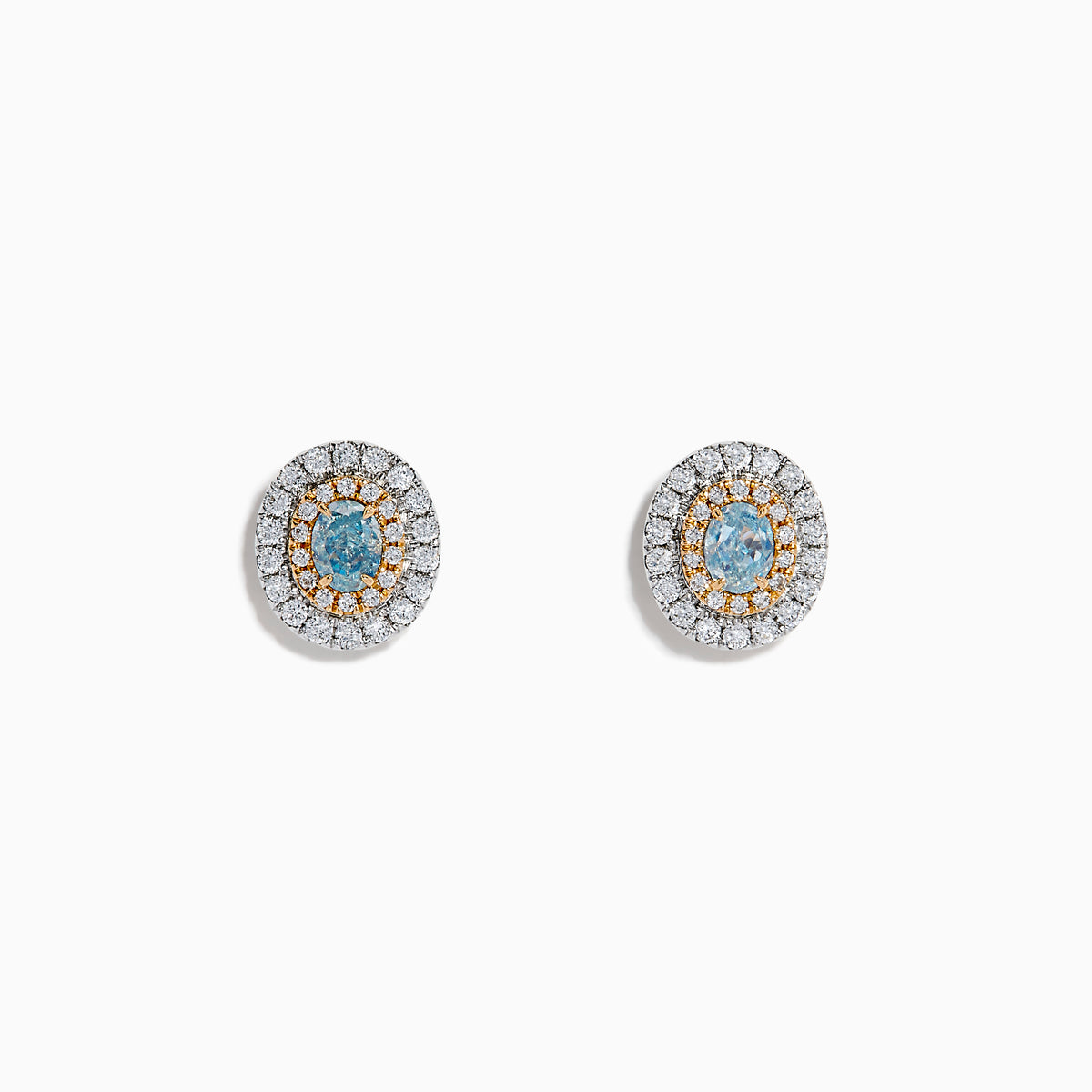 The 18K Two Tone Gold Certified Natural Blue and White Diamond Stud Earrings feature a central blue gemstone framed by two rows of natural diamonds in a circular design with elegant gold details.