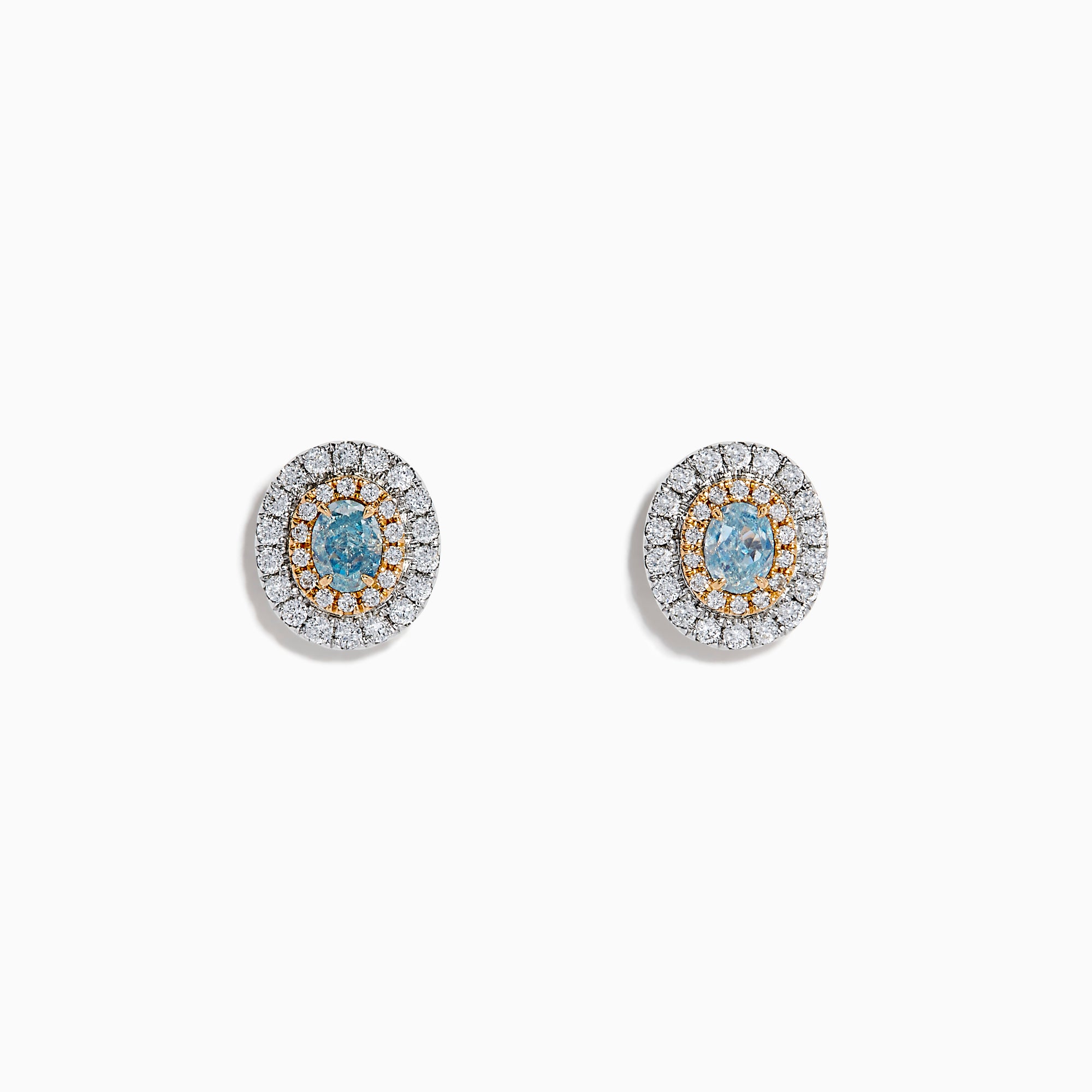 The 18K Two Tone Gold Certified Natural Blue and White Diamond Stud Earrings feature a central blue gemstone framed by two rows of natural diamonds in a circular design with elegant gold details.