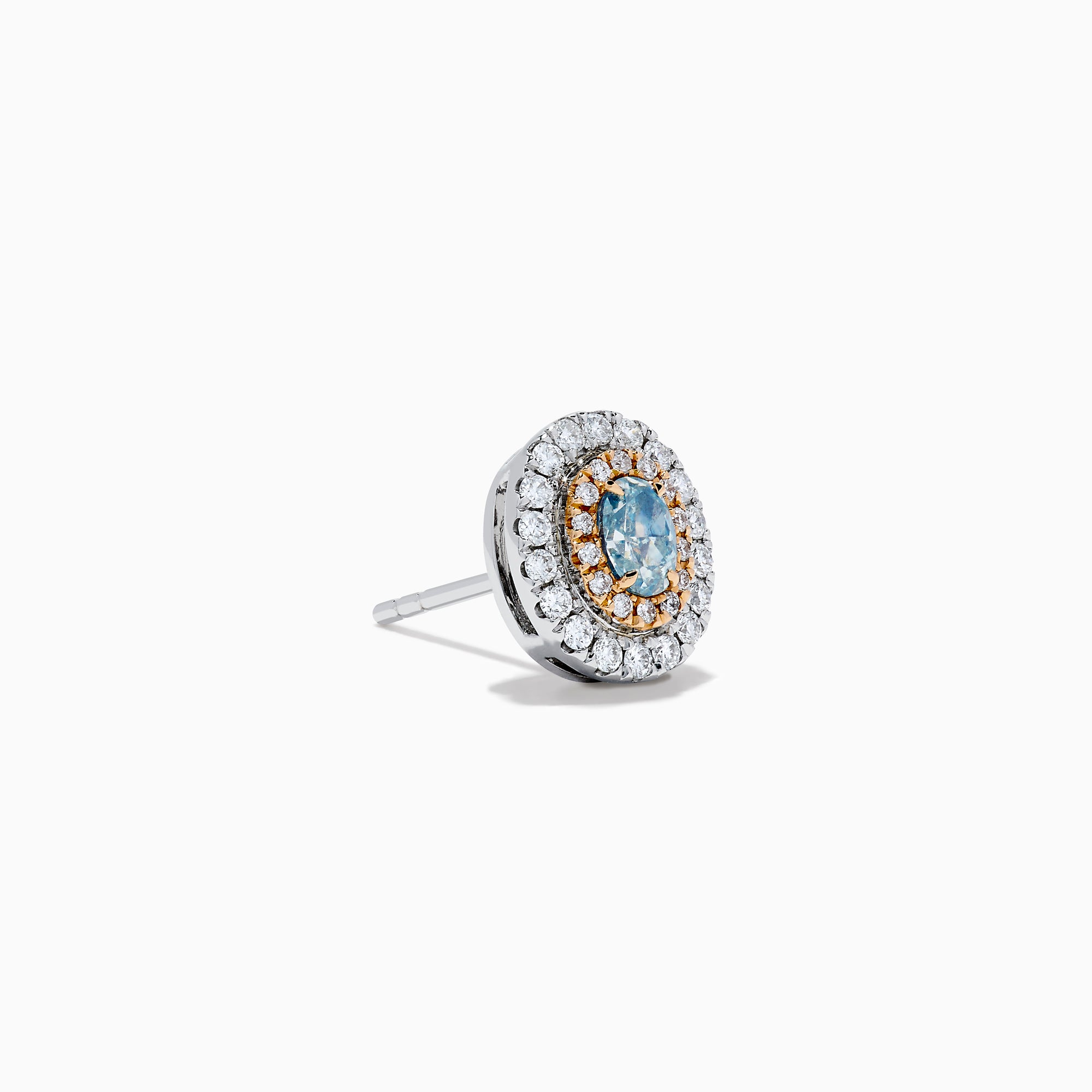 The 18K Two Tone Gold Certified Natural Blue and White Diamond Stud Earrings feature a central blue gemstone framed by two rows of natural diamonds in a circular design with elegant gold details.