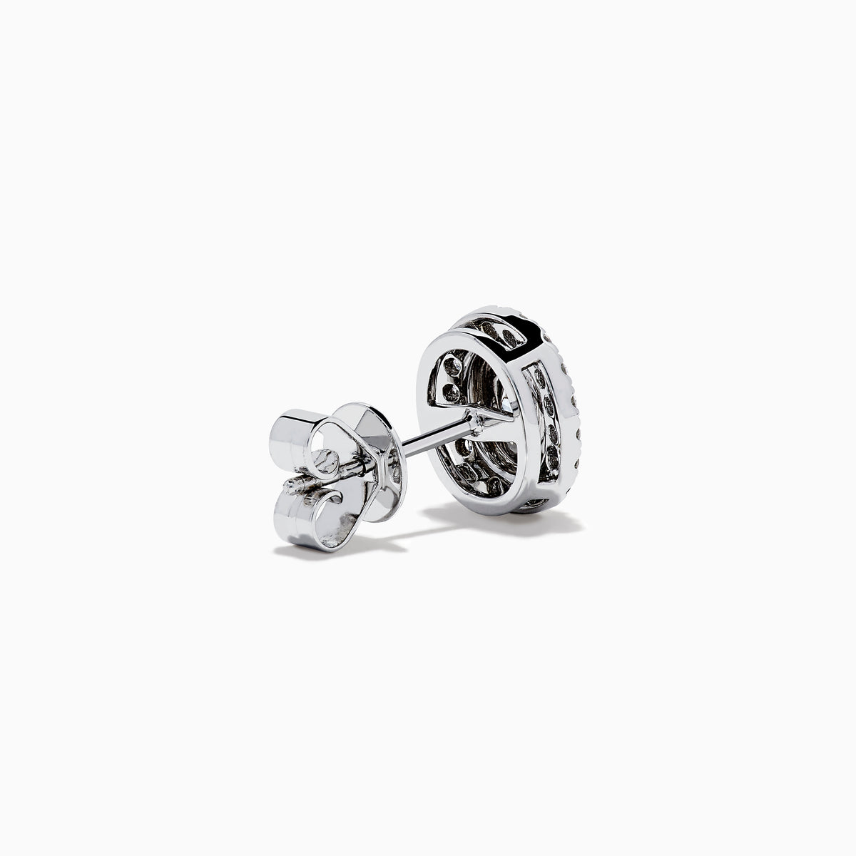The 18K Two Tone Gold Certified Natural Blue and White Diamond Stud Earrings feature a central blue gemstone framed by two rows of natural diamonds in a circular design with elegant gold details.