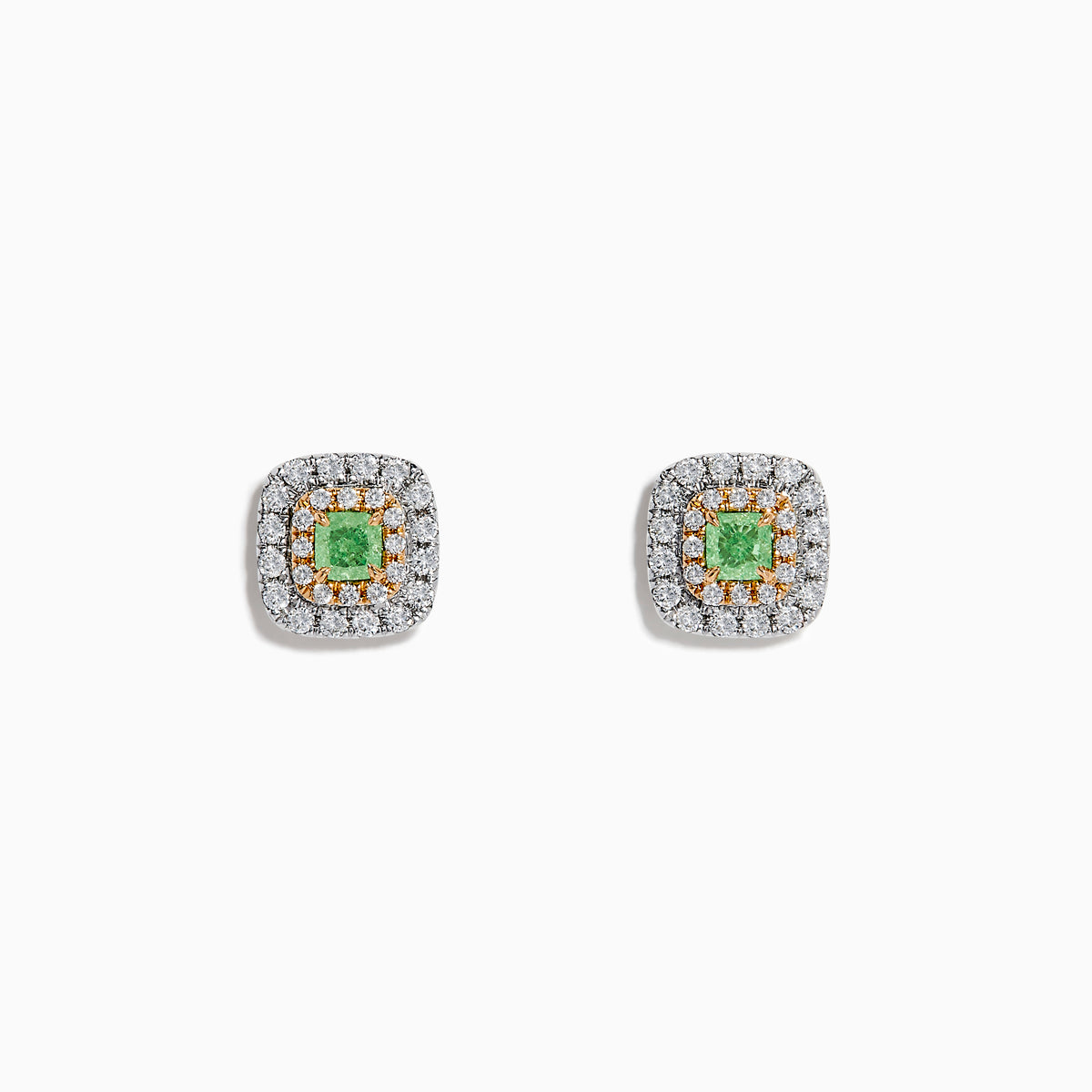 The 18K Two Tone Gold AGL Certified Natural Green and White Diamond Stud Earrings feature a square design with a green diamond center, two rows of clear diamonds, in silver and gold setting, shown on a white background.