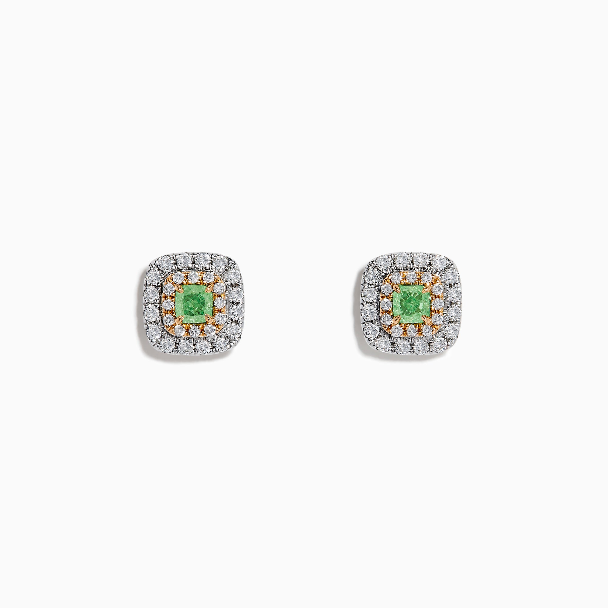 The 18K Two Tone Gold AGL Certified Natural Green and White Diamond Stud Earrings feature a square design with a green diamond center, two rows of clear diamonds, in silver and gold setting, shown on a white background.