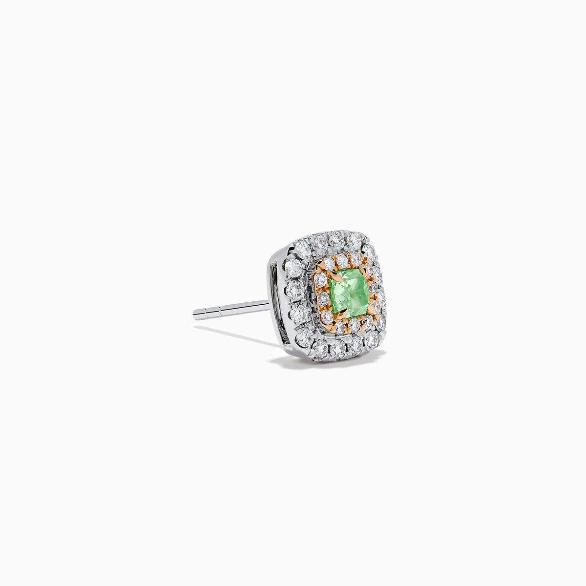 The 18K Two Tone Gold AGL Certified Natural Green and White Diamond Stud Earrings feature a square design with a green diamond center, two rows of clear diamonds, in silver and gold setting, shown on a white background.