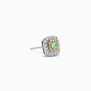 The 18K Two Tone Gold AGL Certified Natural Green and White Diamond Stud Earrings feature a square design with a green diamond center, two rows of clear diamonds, in silver and gold setting, shown on a white background.