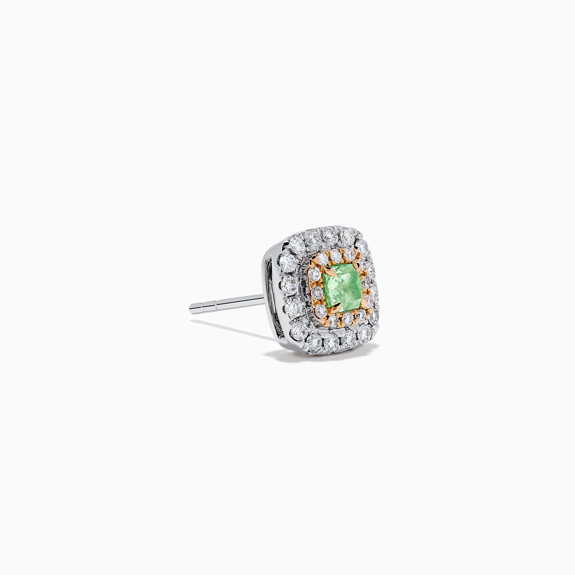 The 18K Two Tone Gold AGL Certified Natural Green and White Diamond Stud Earrings feature a square design with a green diamond center, two rows of clear diamonds, in silver and gold setting, shown on a white background.
