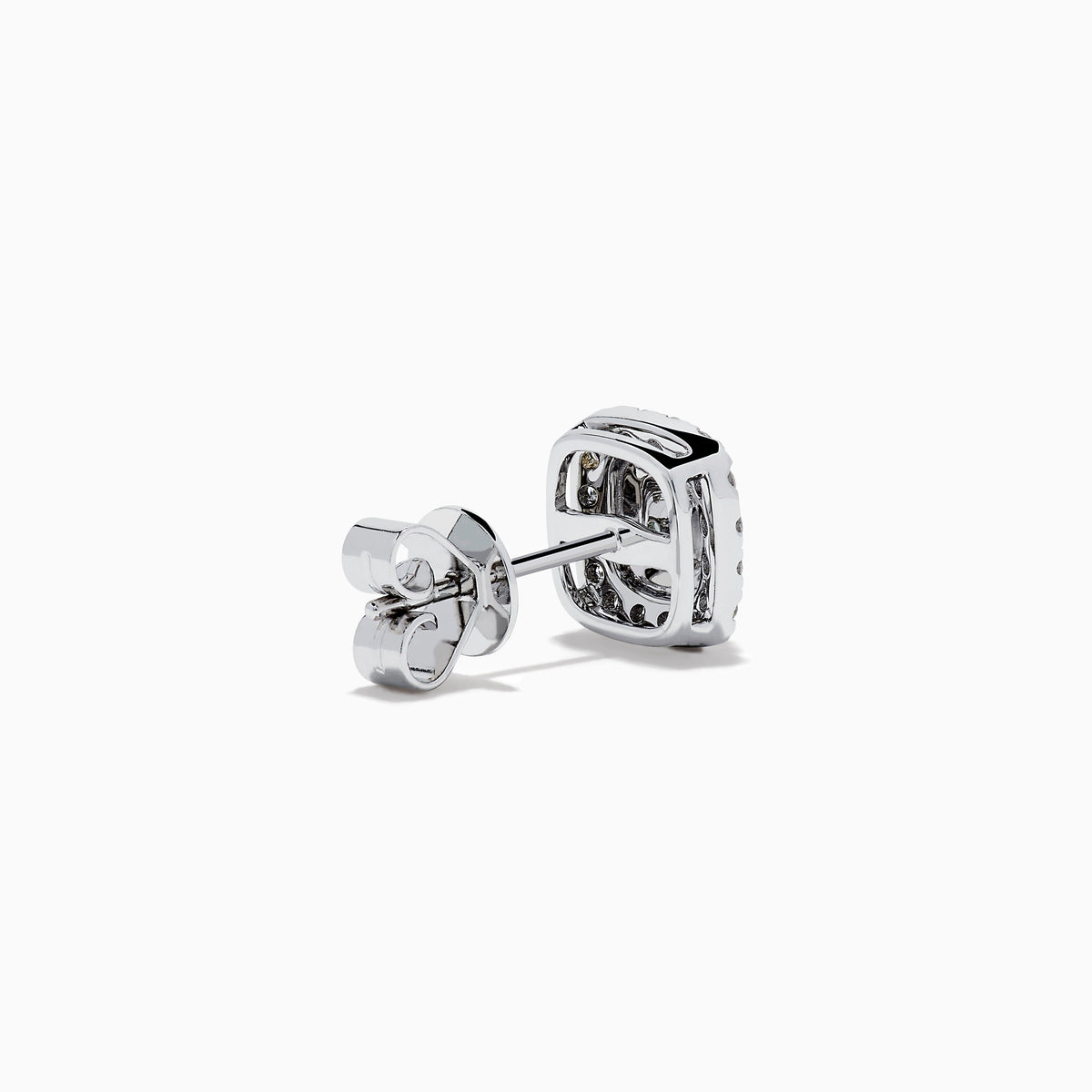 The 18K Two Tone Gold AGL Certified Natural Green and White Diamond Stud Earrings feature a square design with a green diamond center, two rows of clear diamonds, in silver and gold setting, shown on a white background.