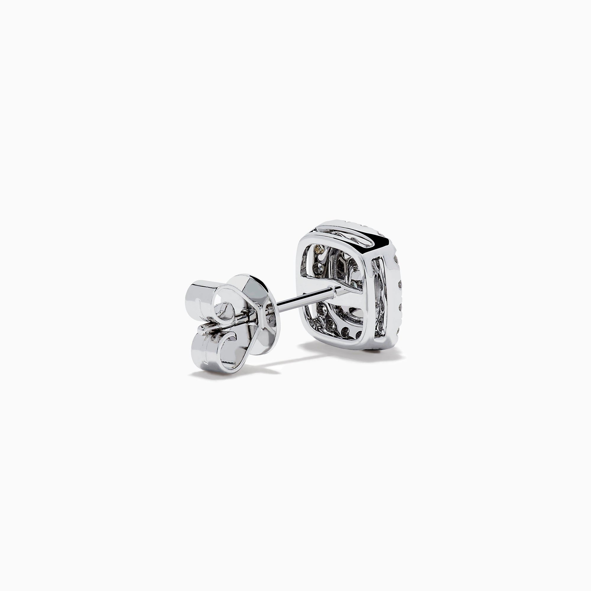 The 18K Two Tone Gold AGL Certified Natural Green and White Diamond Stud Earrings feature a square design with a green diamond center, two rows of clear diamonds, in silver and gold setting, shown on a white background.