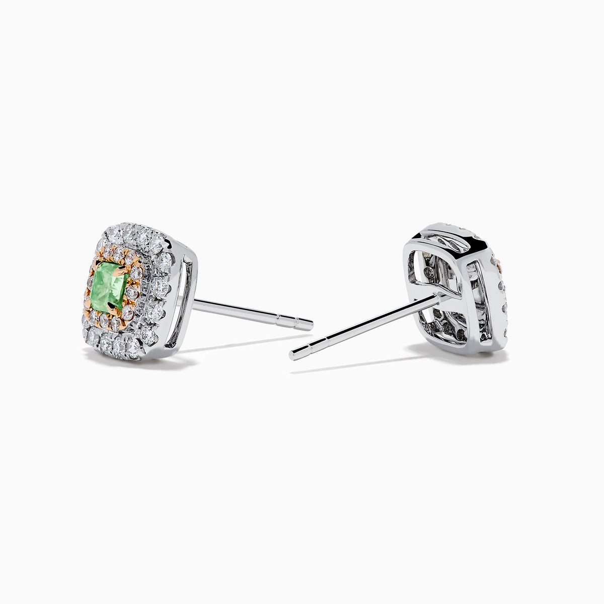 The 18K Two Tone Gold AGL Certified Natural Green and White Diamond Stud Earrings feature a square design with a green diamond center, two rows of clear diamonds, in silver and gold setting, shown on a white background.