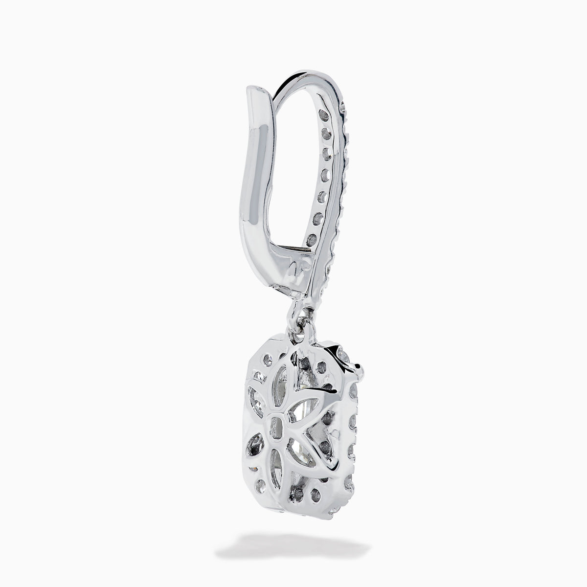 The Lab Grown Diamond Emerald Cut Dangle Earrings in 14K White Gold showcase emerald cut lab grown centers with a halo of round diamonds and diamond-encrusted hooks, elegantly presented against a white background.