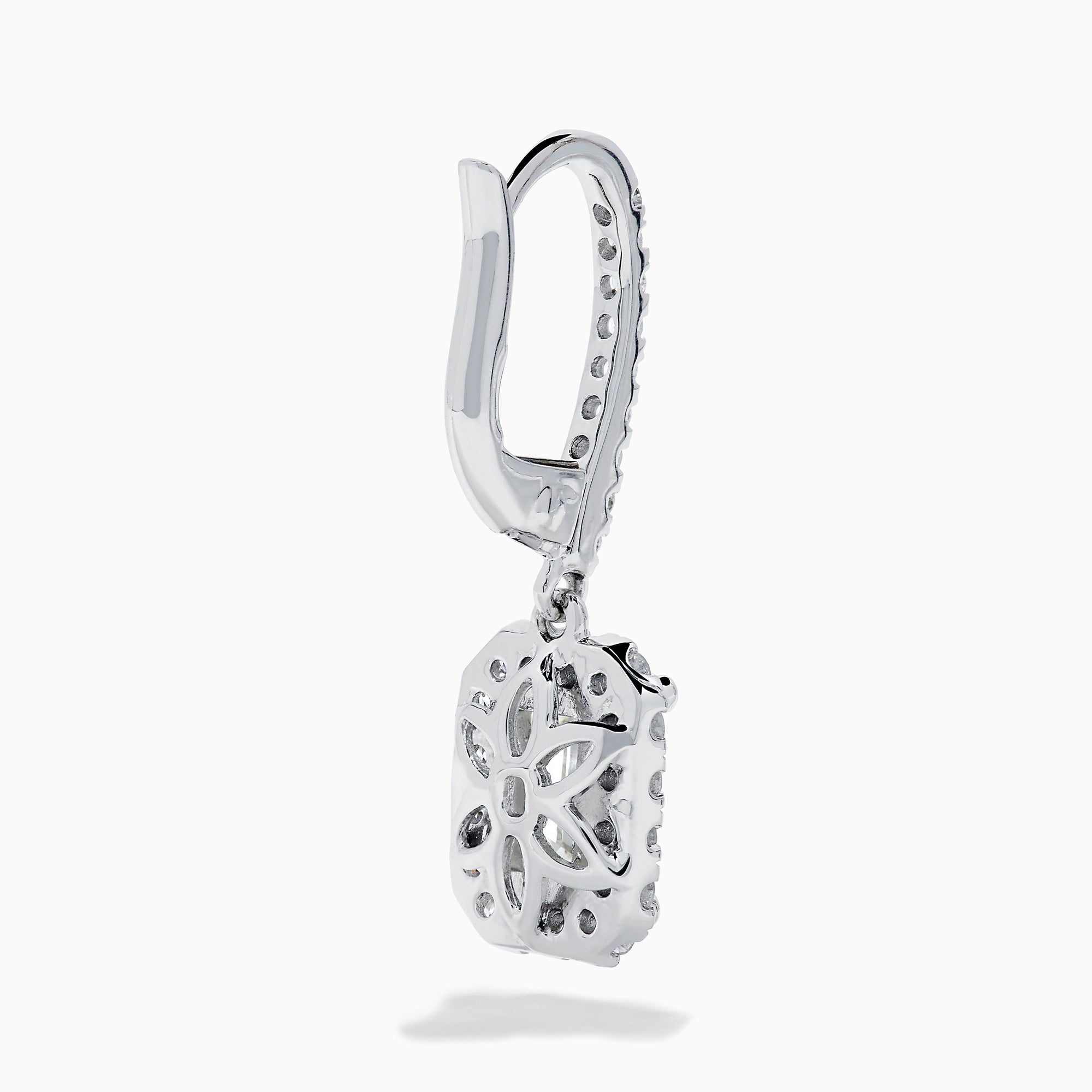 The Lab Grown Diamond Emerald Cut Dangle Earrings in 14K White Gold showcase emerald cut lab grown centers with a halo of round diamonds and diamond-encrusted hooks, elegantly presented against a white background.